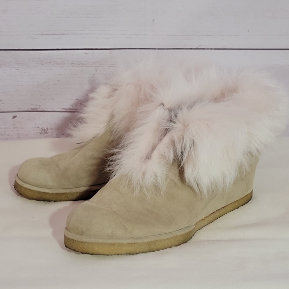 Rue Du Jour Ankle Boots Womens 38 Suede Leather Taupe Nude Fur Trim Wedge Heel - Picture 1 of 9